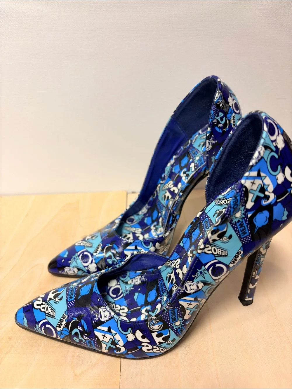 Shoe Republic LA Blue Graphic Patent Pointed-Toe Stilettos